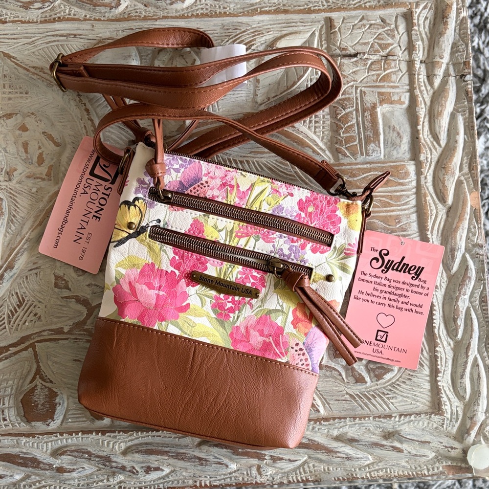 Stone Mountain Accessories Sydney Floral Crossbody Bag - Pink and Tan
